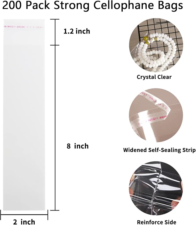 SUREHOME Pretzel Rod Bags 200 Pcs 2x8 In Clear Self Sealing Cellophane Bags for Chocolate Covered Pretzel Stick Individual Resealable Plastic Cello Bag for Party Favors Candy Treats Popsicle Packaging