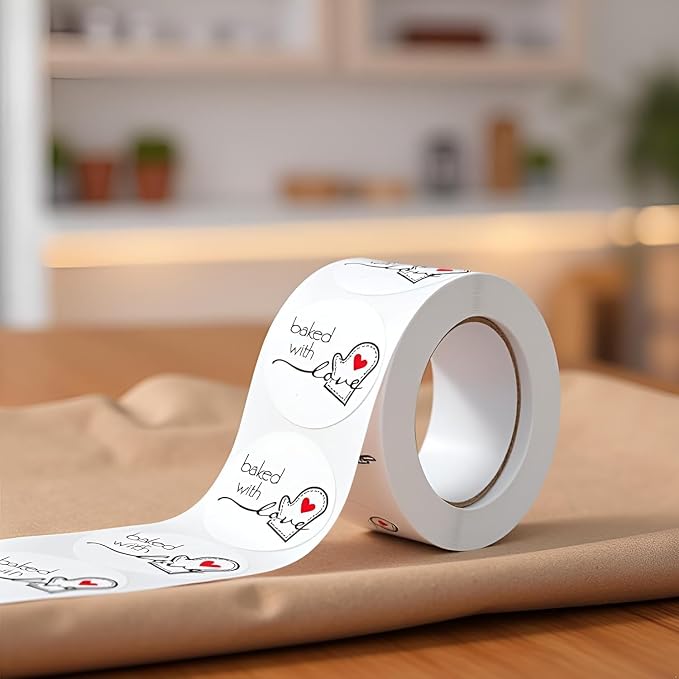 500Pcs White Baked with Love Round Adhesive Stickers for Bakery Bags, Candle Packaging, Labels and Stamps