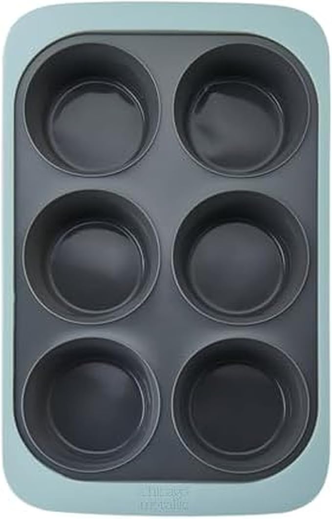 Chicago Metallic Silicone Muffin Pan, 6 Cup Nonstick Cupcake Tin with Wire-Reinforced Rim, Flexible Bakeware for Muffins, Egg Bites and More, Oven Safe to 428F, 10 x 8.6 Inches, Blue