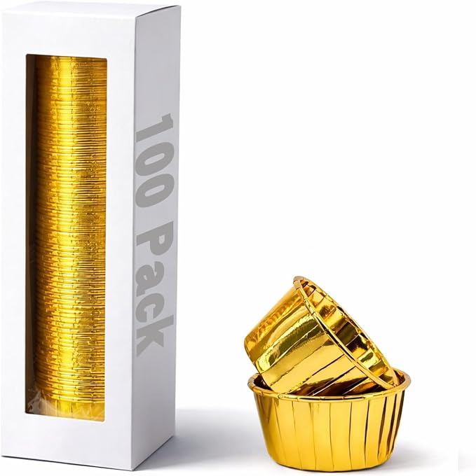 Party Hippo Cupcake Cups, 3.5 Oz 100 pcs Disposable Foil Muffin Liners, Gold Baking Cups, Ramekin Aluminum Cupcake Tip Pan Ramekin Holders, Little Baking Cups (100, Gold)