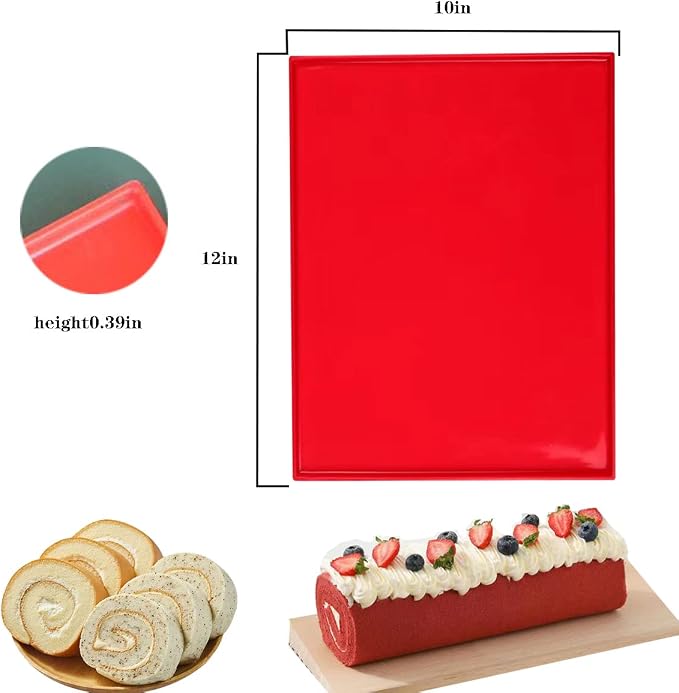 Silicone Swiss Roll Cake Mat - 2Pcs Silicone Baking Mat, Jelly Roll Pan, Non-Stick Silicone Mat with Lip, Easy to Clean Silicone Pastry Mat, Great for Swiss Roll, Pastry, Jelly, Cookies (Red)