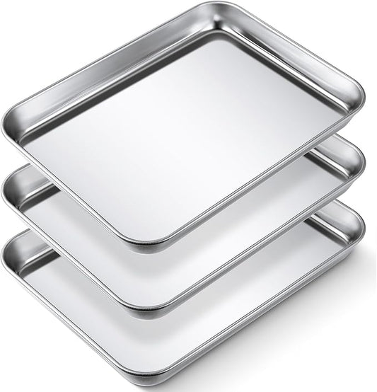 Potchen 3 Pcs Baking Sheet Pan Set Stainless Steel Cookie Sheet Small Toaster Oven Pans Tray Barbecue Grill Pan Rectangle Trays Oven Freezer Bakery, Non-stick, Easy Clean, 9 x 6.7 x 1 Inches