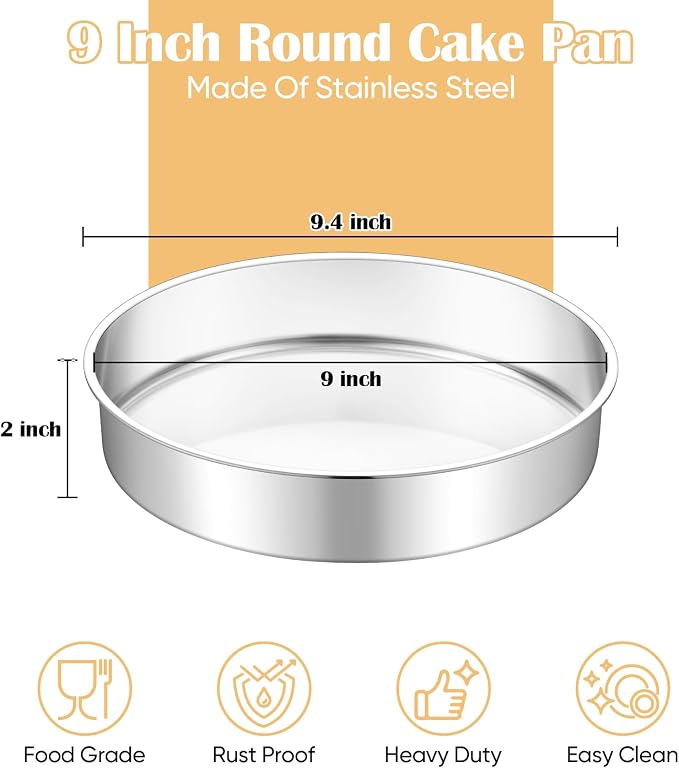 TeamFar 9 Inch Cake Pan, Stainless Steel Round Layer Cake Baking Pans Tins for Birthday Wedding, Non-Toxic & Heavy-Duty, Mirror Finish & Leak Proof, Oven & Dishwasher Safe, Set of 2