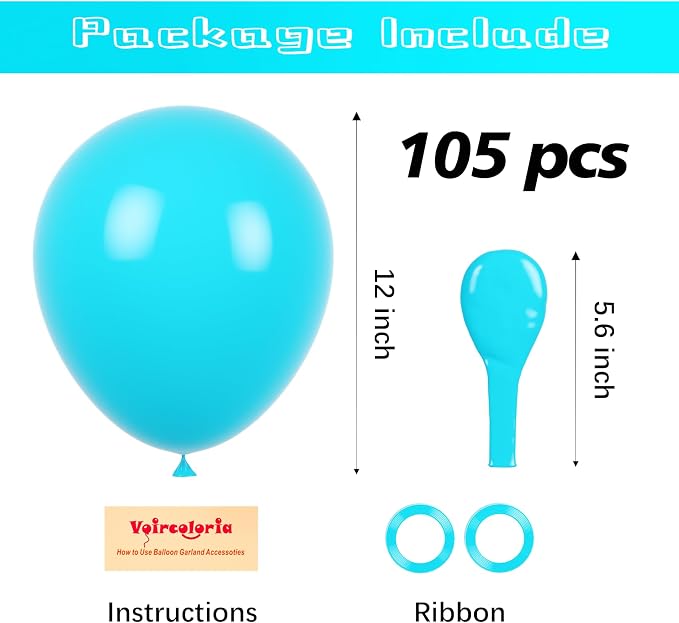 Voircoloria 105pcs Peacock Blue Balloons 12inch Party Latex Balloons for Boys Girls Birthday Baby Shower Gender Reveal Wedding Sunflower Party Decorations