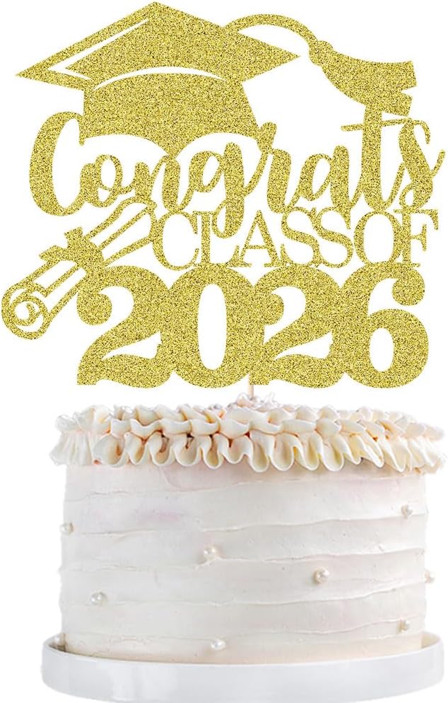 Congrats Class Of 2026 Cake Topper, Glitter Graduation Party Supplies - High School College Graduates -College Graduate Cake Topper Decorations Supplies (gold)