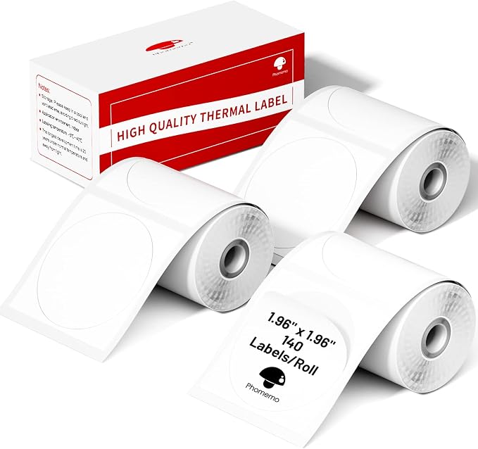 Phomemo Labels- 3 Rolls M110/M100/M220/M221/M150/M250/M108 Round Circle Thermal Paper 1.96" x 1.96"（50x50 mm, Thermal Sticker Round Label for Small Business, Name Labels for Kids, School