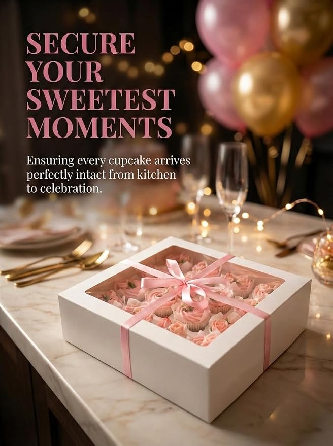Bakepacker Auto-pop Up Cupcake Boxes with Window White 40PCS 12 Count Cupcake Box 13"x10"x3.5" Cupcakes Carrier, 12 Cupcake Containers with 2 rolls of pink ribbons