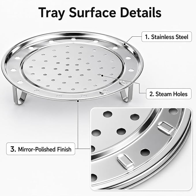 4 Pack Stainless Steel Steamer Rack for Pots, Tamales, Canning | Round racks with removable legs for stock pots, pressure cookers, vegetables, dumplings, and cooling baked goods.