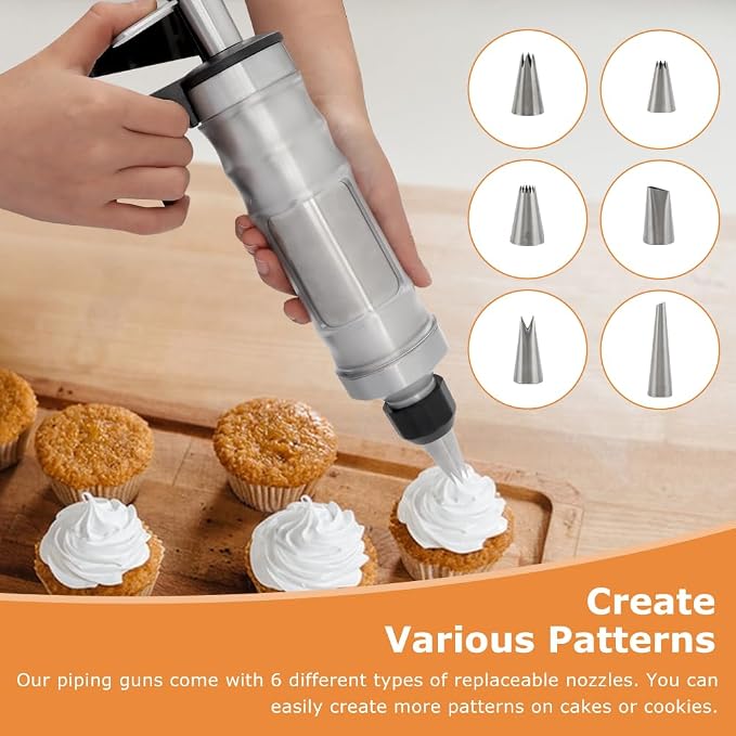 Dessert Decorating Syringe Set, Frosting Piping Kit with 6 Piping Tips, 9 cupcakes, 2 adapter, 3 cream squeegee, Stainless Steels Cupcake Decorating Kit for Baking