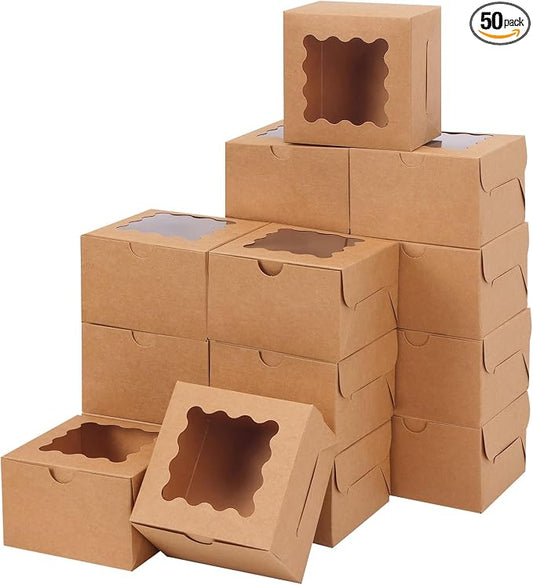 Moretoes 50pcs Cookie Boxes with Window, 4x4x2.5 Inches Brown Bakery Boxes Pastry Container for Small Cookies, Treats and Desserts