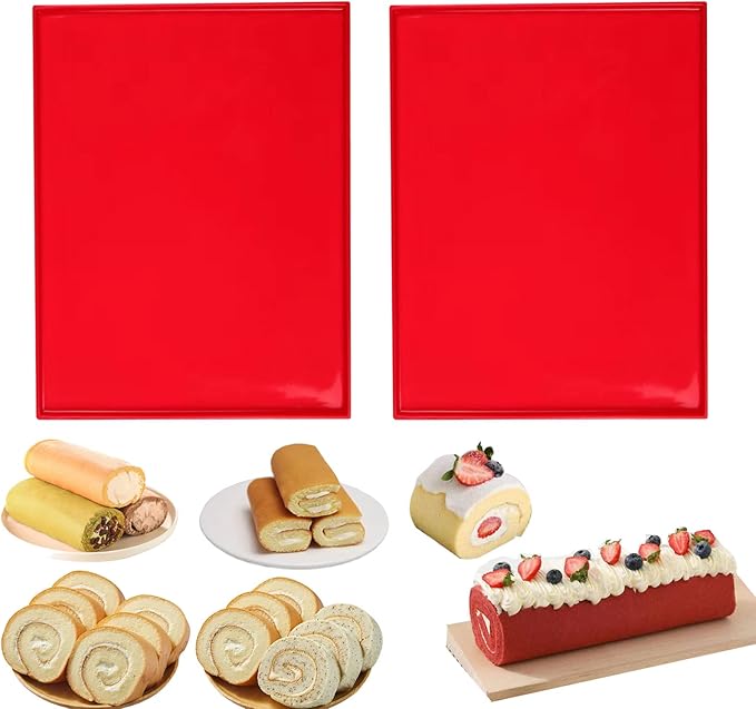 Silicone Swiss Roll Cake Mat - 2Pcs Silicone Baking Mat, Jelly Roll Pan, Non-Stick Silicone Mat with Lip, Easy to Clean Silicone Pastry Mat, Great for Swiss Roll, Pastry, Jelly, Cookies (Red)