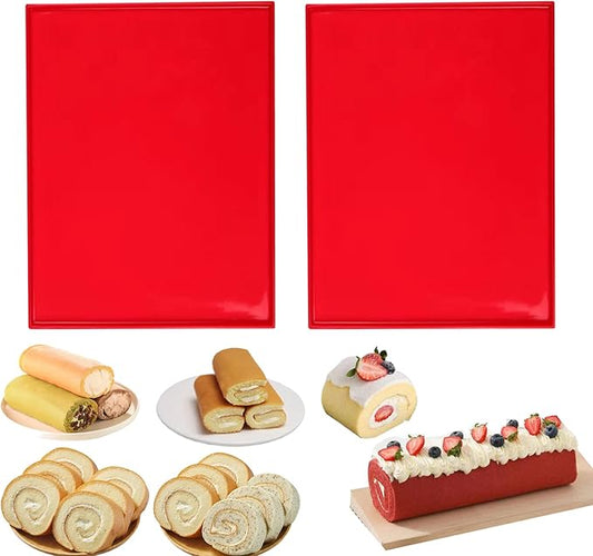 Silicone Swiss Roll Cake Mat - 2Pcs Silicone Baking Mat, Jelly Roll Pan, Non-Stick Silicone Mat with Lip, Easy to Clean Silicone Pastry Mat, Great for Swiss Roll, Pastry, Jelly, Cookies (Red)