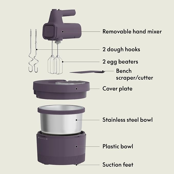 bella 3.5 Qt Hand & Stand Mixer, 2 in 1 Electric Mixer with Bowl, Dough Hook, Whisk & Egg Beater, Multifunctional Handheld Mixer for Baking, 200 Watt, Plum