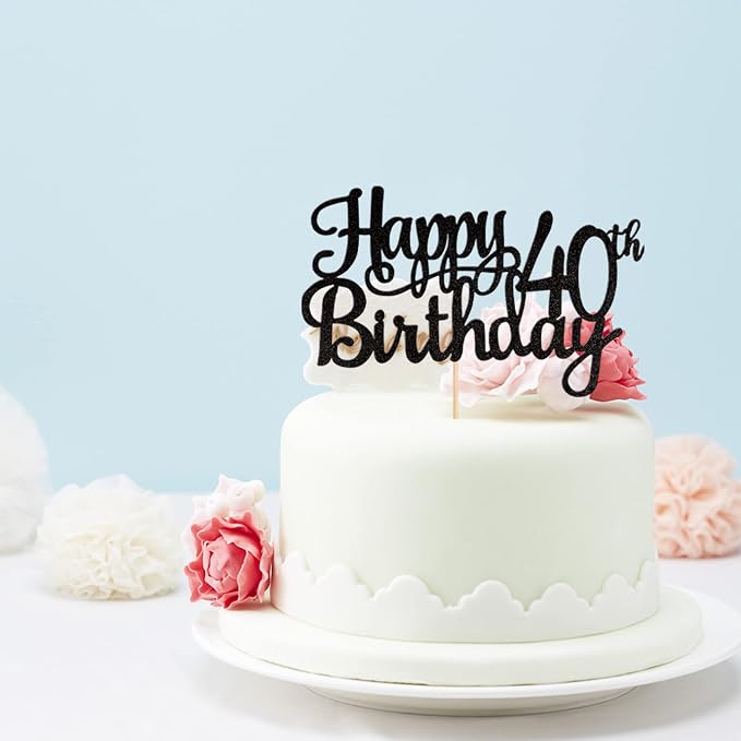 1 PCS Happy 40th Birthday Cake Topper Glitter Cheers to 40 Years Birthday Cake Pick 40 Fabulous Cake Decoration for Happy 40th Birthday Anniversary Party Decorations Supplies Black