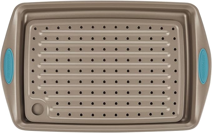 Rachael Ray Cucina Nonstick Bakeware Set with Grips, Nonstick Cookie Sheet / Baking Sheet and Crisper Pan - 2 Piece, Latte Brown with Agave Blue Handle Grips