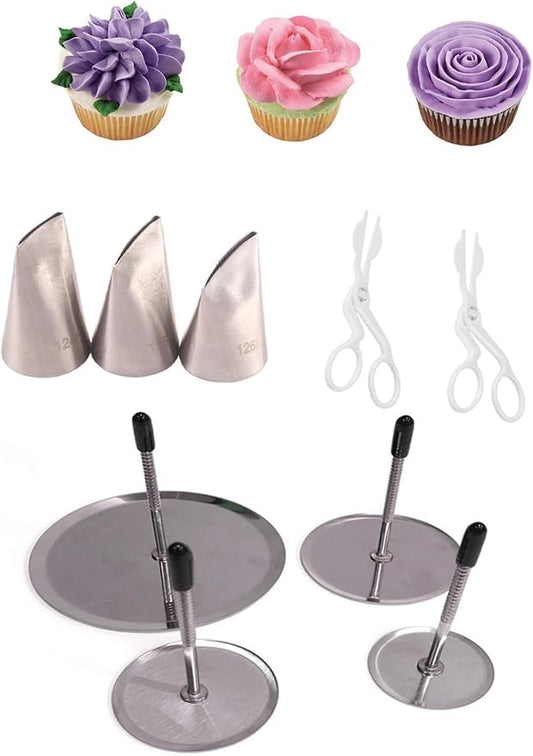 Icing Kit With 124k, 125k, 126k Piping Tips Set, 2 Flower Nails, 4 Lifters for Buttercream Flowers and Elegant Cake Decorations