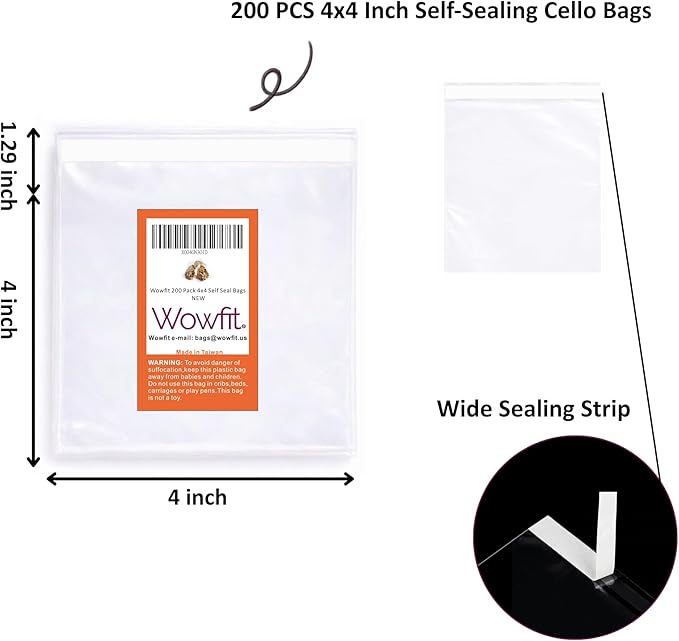 Wowfit 200 Count 4x4 Inch Clear Cellophane Plastic Bags, Resealable Self-Sealing Cello Bags Good for Individual Cookies, Decorative Wrappers, Party Favors, Candy and More