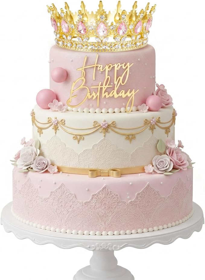 8 Pcs Pink and Gold Queen Crown Cake Topper, Happy Birthday Cake Toppers Foam Balls Rhinestone Crystal Tiara Wedding Decoration for Princess Party Photo Props for Women Princess