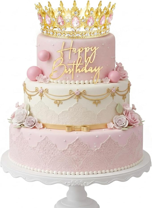 8 Pcs Pink and Gold Queen Crown Cake Topper, Happy Birthday Cake Toppers Foam Balls Rhinestone Crystal Tiara Wedding Decoration for Princess Party Photo Props for Women Princess
