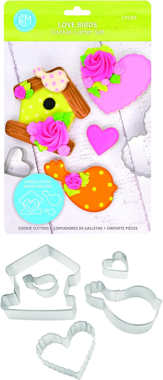 R&M International 5162 Love Birds Spring Heart, Birdhouse, and Bird Cookie Cutters 5-Piece Set