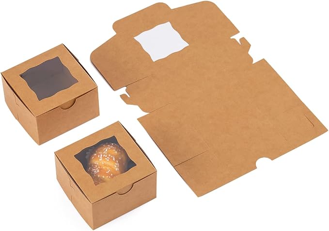 100Pcs Paper Cookie Boxes With Window Small Bakery Boxes 4x4x2.5 Inches Mini Cake Boxes For Pastries,Cupcakes,Desserts,Donuts,Chocolate Strawberries,Candy,Treat Boxes(4 * 4 * 2.5,Brown)