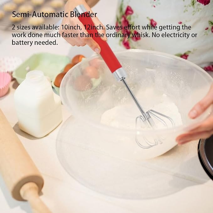 Stainless Steel Semi-Automatic Egg Whisk Set, 2PCS Hand Push Rotary Manual Mixer for Cooking, Whisking, Beating and Stirring (10&12 Inch)