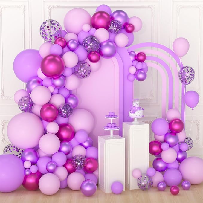 Purple Pink Balloon Garland Arch Kit, Pink and Purple Balloons Red Metallic Confetti Balloons for Birthday Bridal Baby Shower Graduation Retirement Christmas Wedding Party Decorations