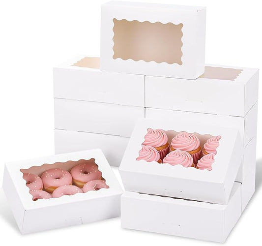 Moretoes 45pcs Cookie Boxes with Window, 9x6x3 Inch White Auto-Popup Bakery Boxes, Pastry Containers for Chocolate Covered Strawberries, Candy, Muffins, Donuts