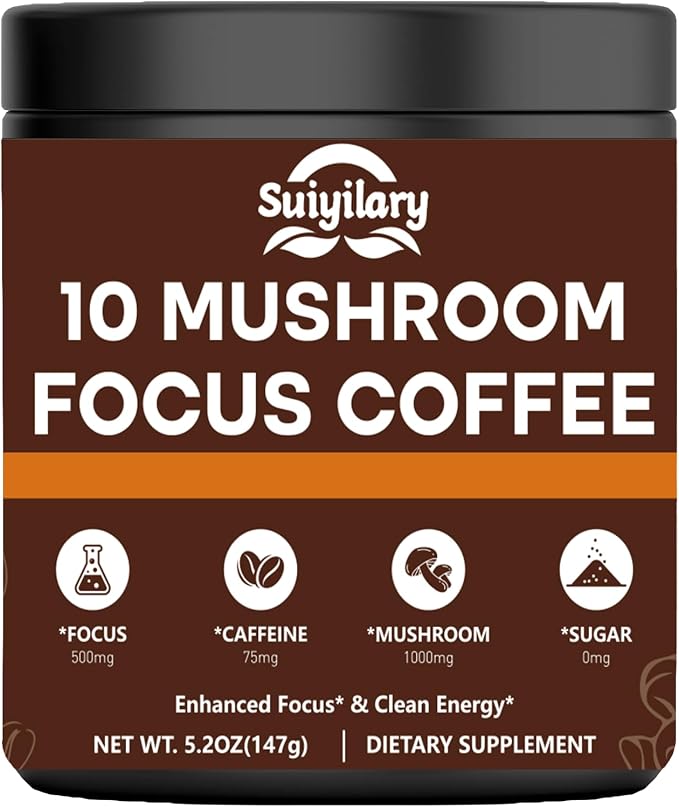 Suiyilary Mushroom Coffee with Focus, 10 Mushroom Extract Powder Blend Lion's Mane, Brain Supplements with Instant Coffee for Energy, Focus, Memory and Immunity 147g 21 Serving