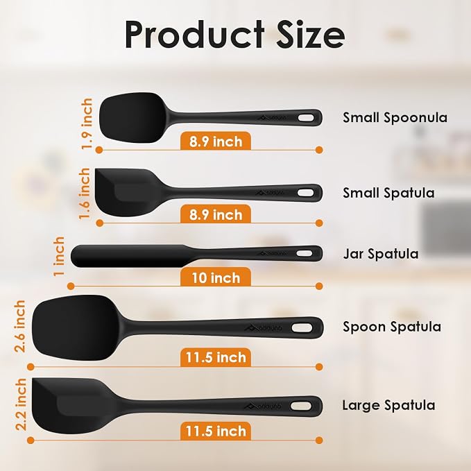5-Piece Silicone Spatula Set for Baking, 446°F Heat Resistant Non-Stick Cooking Utensils, BPA-Free Food Grade Silicone Scrapers, Non-Scratch Flexible & Dishwasher Safe, Black