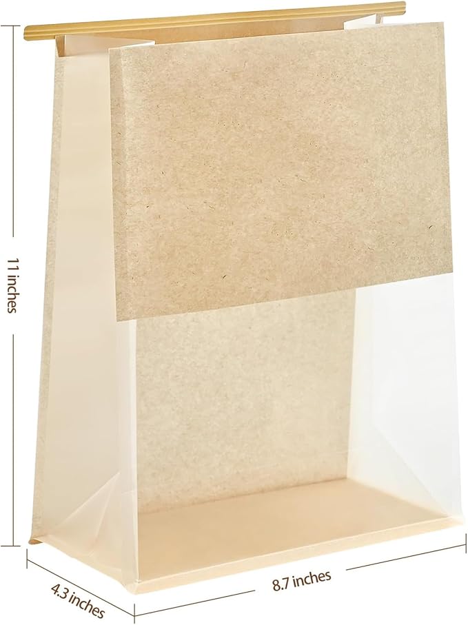 Ohuimrt Paper Bread Bags for Homemade Breads, 100 PCS, 11" x 8.7" x 4.3" | Tin Tie Tab Lock, Window, Kraft Bakery Bag, For Sourdough Bread Baked Food