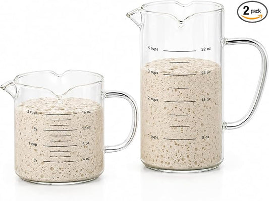GENICOOK Sourdough Starter Jar Glass with Triple Spouts, 2 Pack Borosilicate Fermentation Measuring Cups (16.9oz & 33.8oz), Glass Containers for Dough Mixing, Starter Feeding & Baking, Microwave
