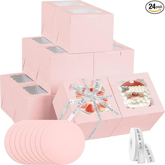 JCD 48PCS (24 Boxes &24 Boards) 8x8x5 Inches Pink Cake Boxes, Small Bento Cake Box, Mini Cake Boxes sets cake within 8'' Package for Pastries, Cupcakes, Birthday, Wedding(Pink8*8 * 5inch/24sets)