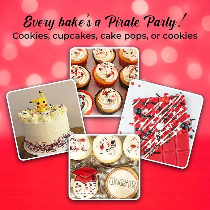 Red White and Black Sprinkles for Cake Decorating and Baking Cupcakes - Fancy Edible Red Sprinkles for Cookies with White Black Sprinkle Decorations in Jimmies, Nonpareils, Sugar Pearl with Star Quins
