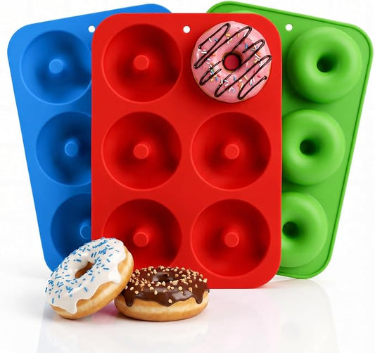 Silicone Donut Mold, 6 Cavity Non-Stick Doughnut Baking Pan – Food-Grade BPA-Free Flexible Silicone, Pops Out Easily, Oven Microwave Freezer & Dishwasher Safe (Donuts (3PK))