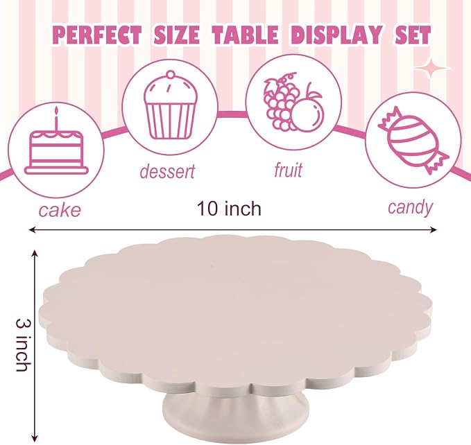 Vesici Pink Wooden Cake Stand Scalloped Reusable Round Cake Stand Dessert Holder for Cupcake Donut Dessert Wedding Baby Shower Party Supply (10" L x 10" W x 3" H)