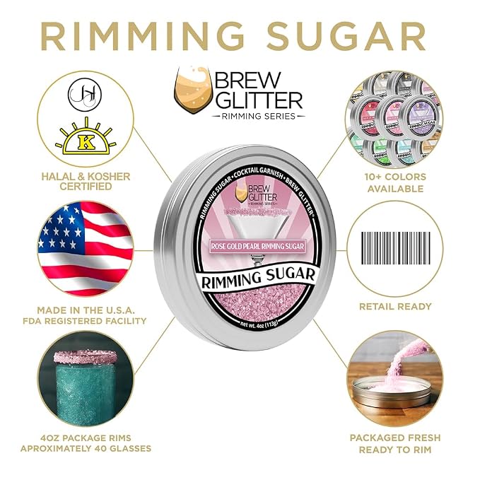 Brew Glitter - Rose Gold Pearl Rimming Sugar (1LB, 1x Resealable Bag) Cocktail Garnish for Mixed Drinks & Refreshments