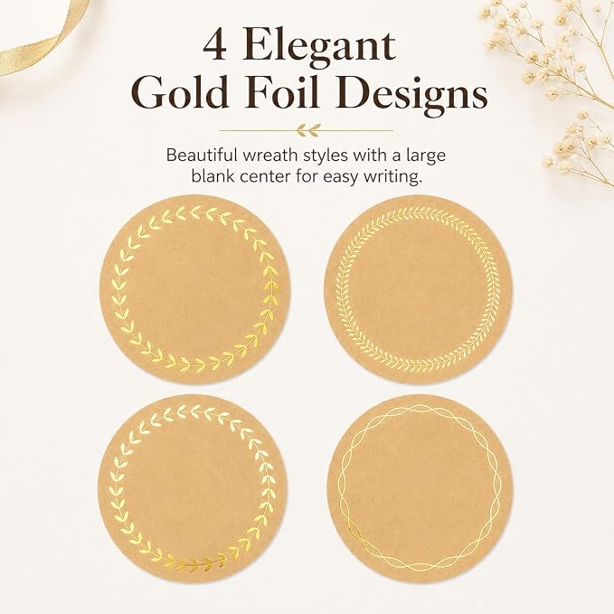 IBAKE 500 Kraft Canning Labels, 2 Inch Round Sticker Labels, Gold Foil Labels for Jars, Round Labels, Mason Jar Labels, Bakery Stickers, Candle Labels, Soap Labels for Packaging