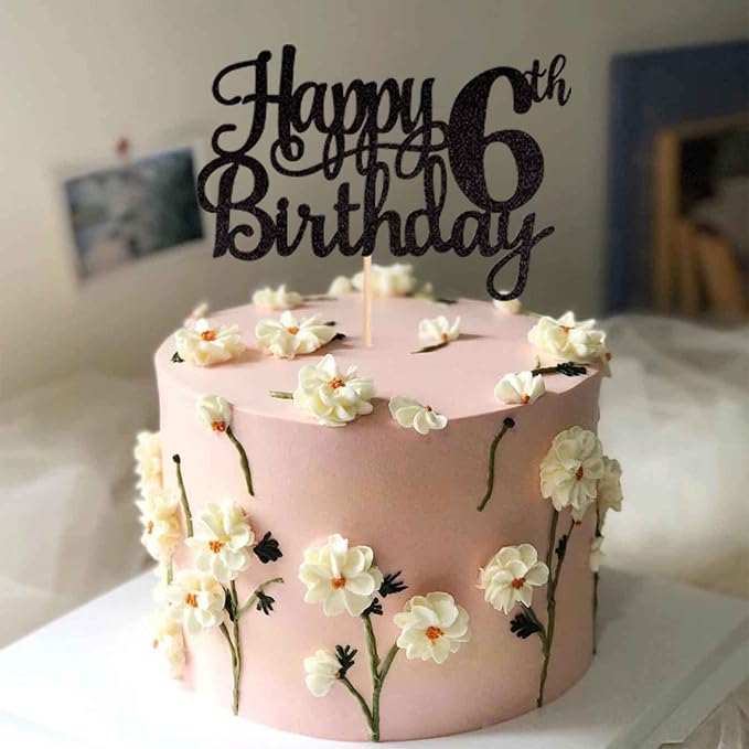 1 PCS Happy 6th Birthday Cake Topper Glitter Cheers to 6 Years Cake Pick Number 6 Fabulous Cake Decoration for 6th Birthday Theme Party Decorations Supplies Black