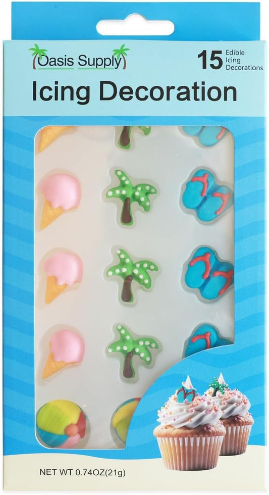 Oasis Supply Edible Beach Cake/Cupcake Toppers – 15 Ct Royal Icing Set with Ice Cream, Palm Trees, Sandals & Beach Balls