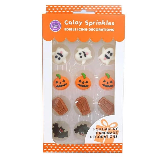 Sentovac 12 Pcs Halloween Icing Decoration Edible Tombstone Pumpkin Ghost Bat Mix Candy Dessert Sprinkles DIY For Cookie Cake Cupcake Topper Icing Frosting Decoration Supplies