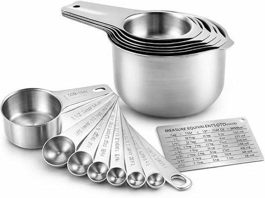 15 Piece Measuring Cups and Spoons Set, Stainless Steel Stackable Measuring Cups, Magnetic Measuring Spoons, Metal Baking Measuring Set for Cooking & Baking