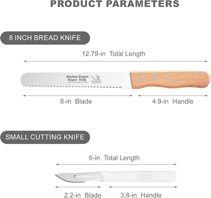 Wavy Edge Serrated Bread Knife 8 Inch, Cuts Perfect Homemade Bread, Bagels, Cakes - Ultra Sharp Stainless Steel Blade with Comfort Grip Wood Handle, Scoring Cutter Includedr