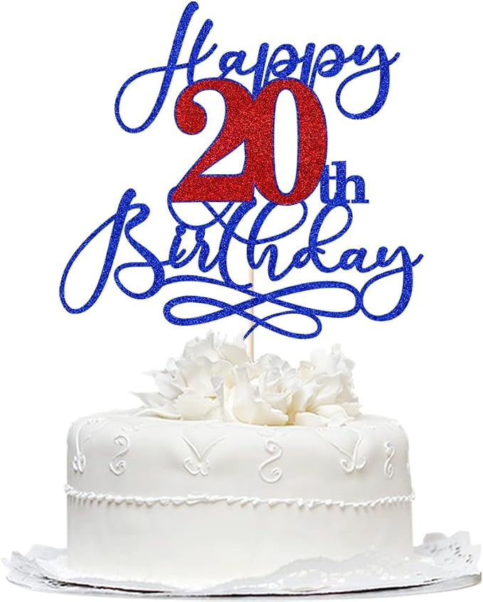 Happy 20th Birthday Cake Topper,Deep blue font red Numbers 20th Birthday Cake Decoration,Hello 20, Cheers to 20 Years/20th Anniversary,20& Fabulous Party Decoration