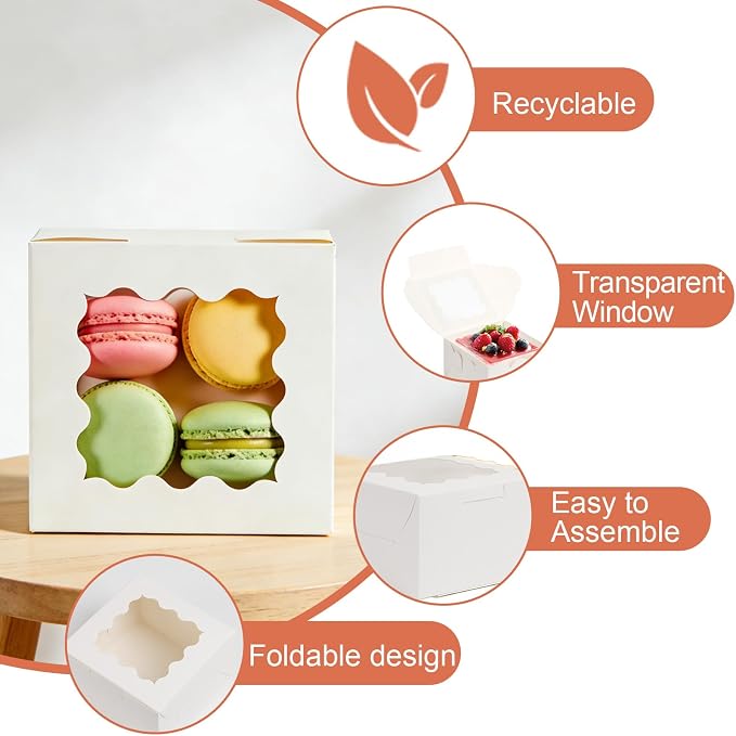 26 Pcs Cookie Boxes with Window, 4x4x2.5 Inches Small Cupcake Boxes, White Treat Boxes with 36pcs Stickers, for Cookie Dessert Pastry Donuts Strawberries Macaroon Candy Chocolate Cupcakes