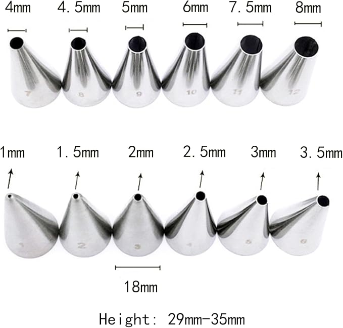 12 Pcs Round Hole Piping Tips Set，Stainless Steel Cupcake Frosting Nozzles，Cake Decorating Supplies Baking Set Tools，Russian Pastry Icing Dispensers for Baking Cookies Puff Doughnut Cream Bag Filler