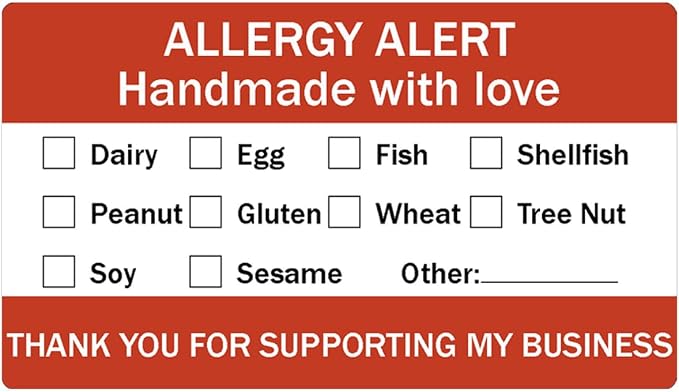 500 Pcs Food Allergy Stickers 1.25×2.25 inch Allergen Warning Stickers Handmade with Love Labels for Bakery, Restaurant, Catering Use (Red)
