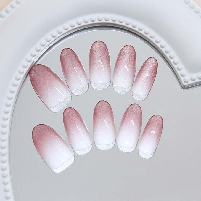 24Pcs Press on Nails Short Almond ZWENJIE Cat Eye Fake Nails Press ons Nail Tips Stick on Nails Glitter Tip Acrylic Nails Kit French False Nails with Butterflies Design Nail Art for Women Manicure