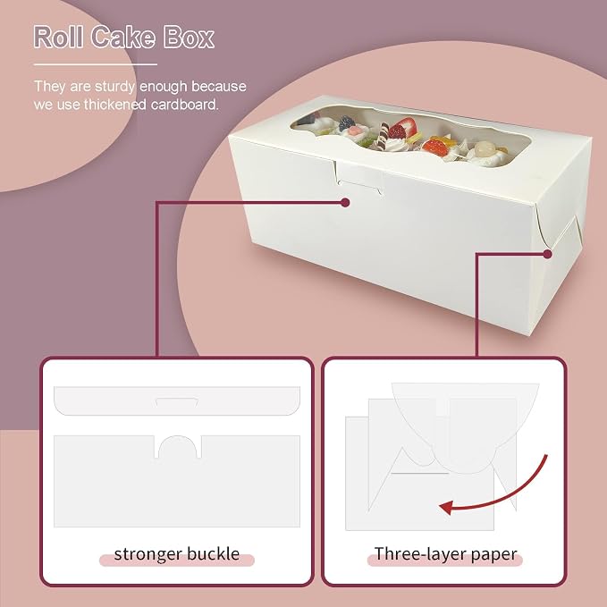 50pcs 9x4x3.5 Inch Cookie Boxes White Bakery Boxes with Window Treat Boxes Present Boxes for Roll Cakes, Desserts, Muffins, Donuts, Candies and Pastries(9 Inch)