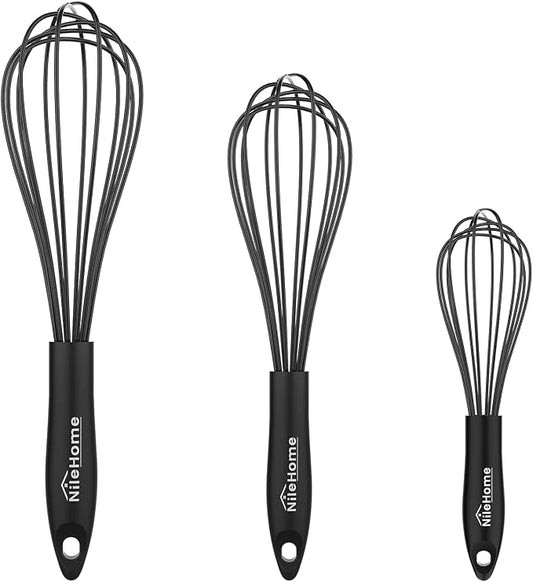 NileHome Silicone Whisk Set 8" 10" 12" Kitchen Whisk Kitchen Wisk Wire Whisks for Cooking, Whisking, Blending, Beating, Stirring-Black 3 Pack